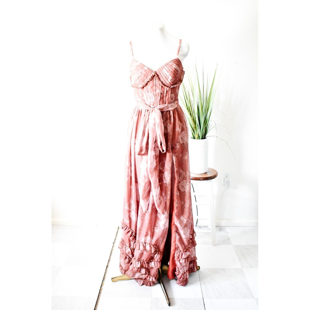 Floral Corset Maxi Dress Women M Pink Romantic Ruffled Lace Up Back